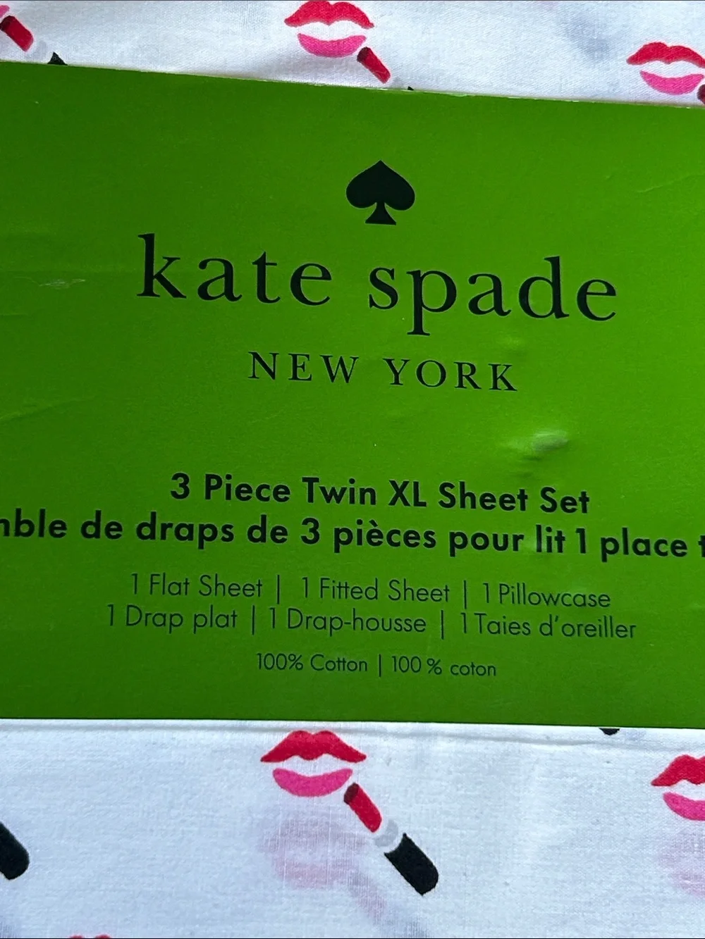 Kate Spade XL Twin Sheet Set 3 Piece 100% Cotton Lips Lipstick Kiss Pink Red NEW
